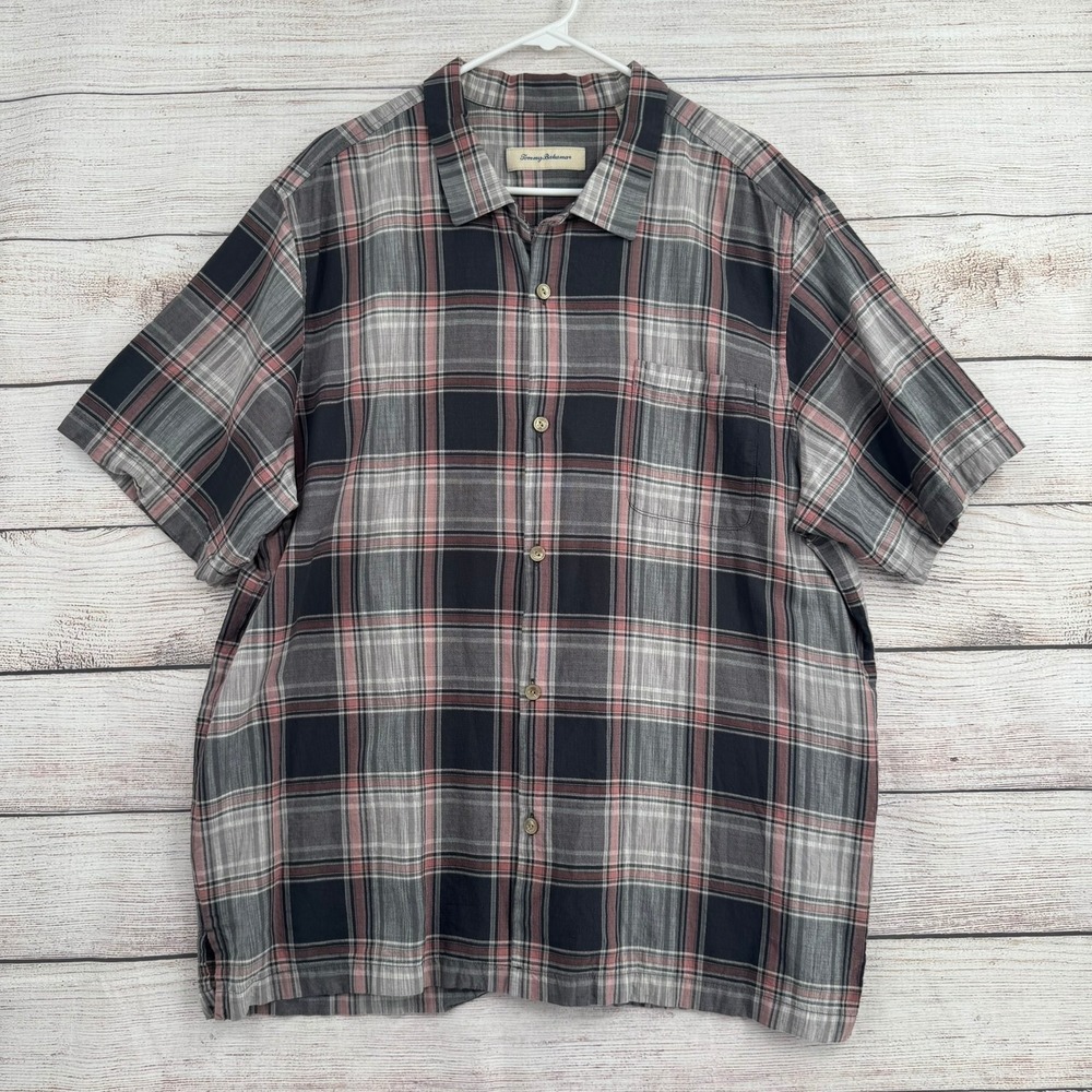 Tommy Bahama Button Up Mens XXL Grey Plaid Silk Cotton Short Sleeve ST325101RA